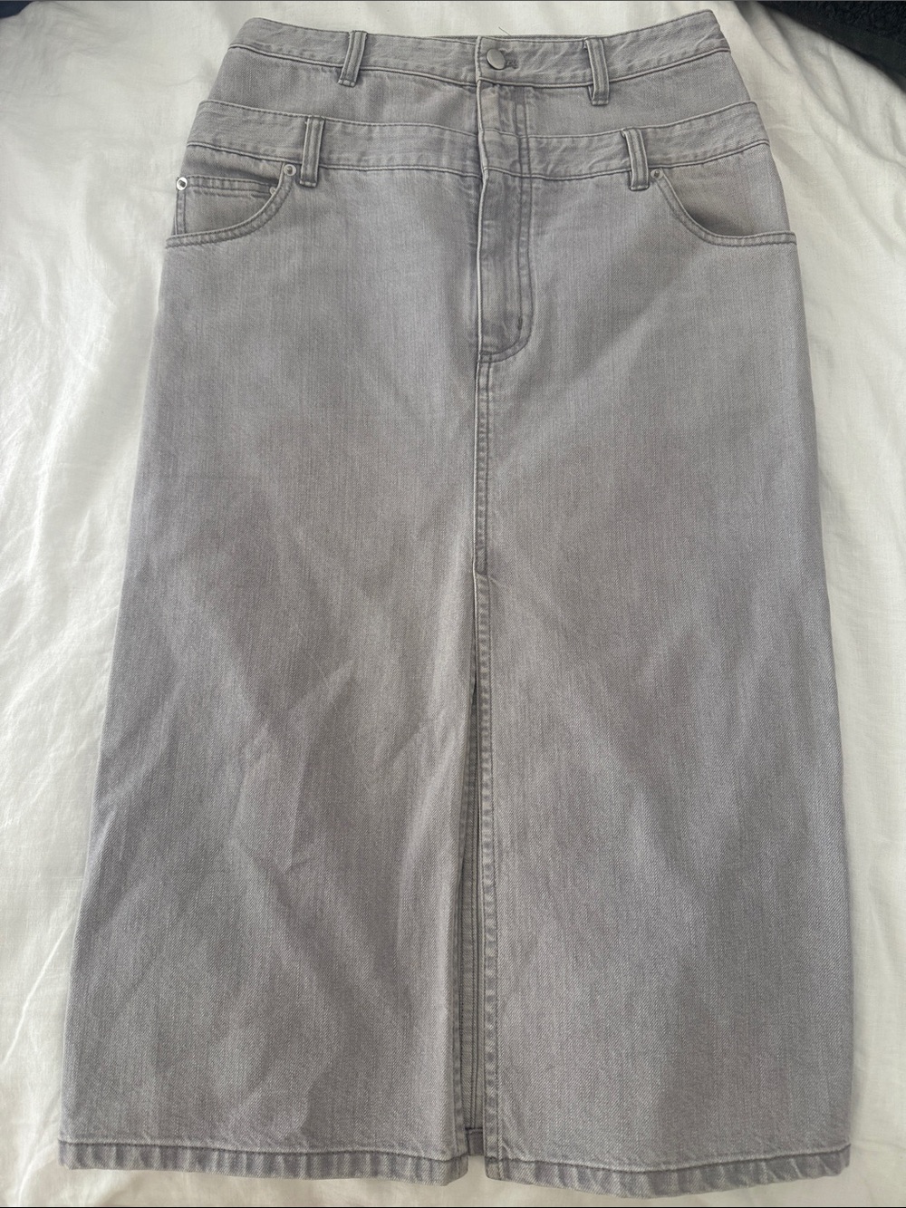 Tibi Gray Denim Midi Skirt with Front Slit